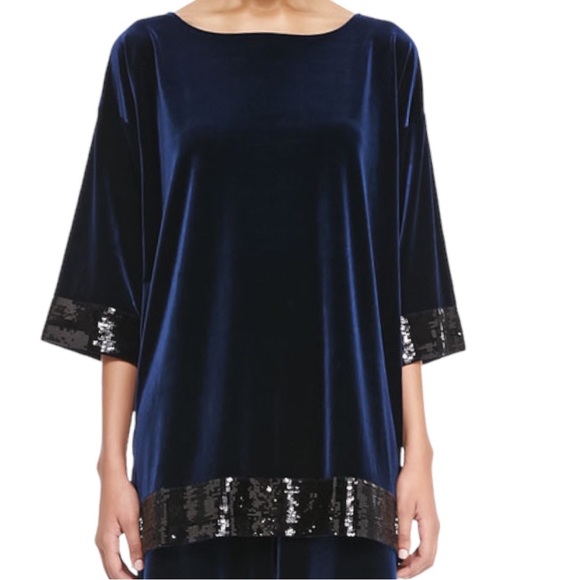 NWT Joan Vass Navy Blue Velour Sequin Trimmed Tunic - Size 16 - Picture 1 of 8